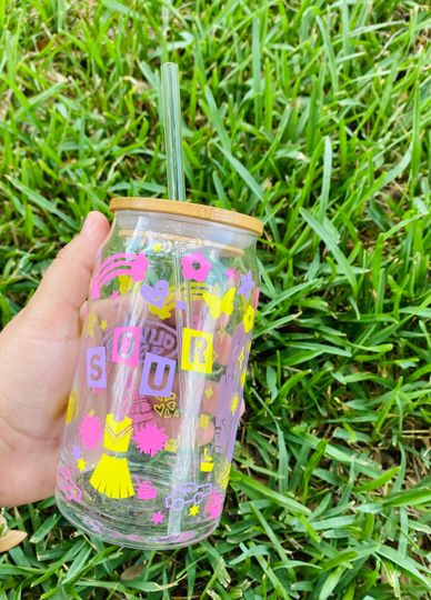 Discover Olivia Rodrigo SOUR album Beer glass cup with Bamboo lid and Glass Straw