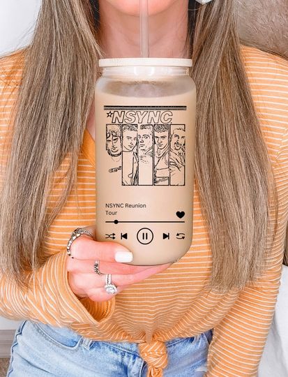 Discover NSYNC glass Mug with music listing design Bamboo lid and straw