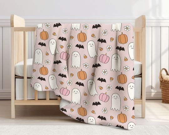 Discover Pink Halloween Blanket with Ghosts, Pumpkins and Bats | Halloween Pattern Blanket | Fall Bedding Throw
