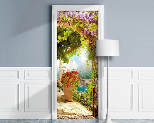 Discover Flowers Arch. Resort View on Sea from Terrace Self-Adhesive Door Cover Sticker