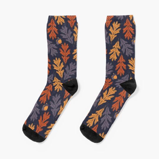 Discover Autumn oak leaves and acorns pattern (dark background) Socks