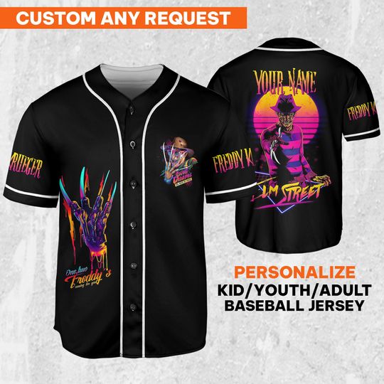 Discover Personalize Freddy Krueger Neon Elm Street Jersey,Horror Jersey,Freddy Baseball Jersey