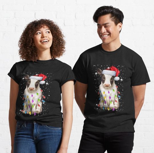 Discover Cow Christmas T-ShirtCow Santa Hat Christmas Lights Classic T-Shirt