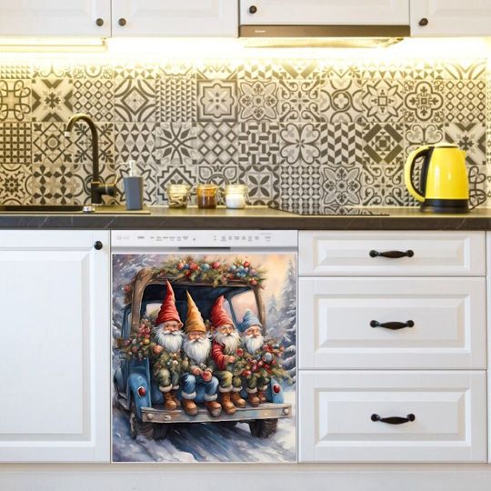 Discover Christmas Kitchen Dishwasher Cover - Cute Gnomes in the Christmas Truck