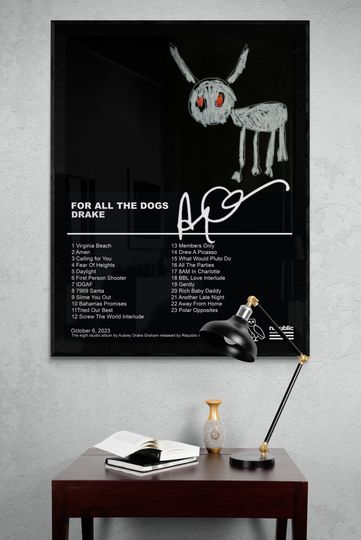 Discover Drake For all the dogs album poster, Drake album poster