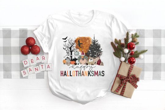 Discover Happy HalloThanksMas T-Shirt, Autumn Shirt, Fall Shirts, Halloween Pumpkin Shirt