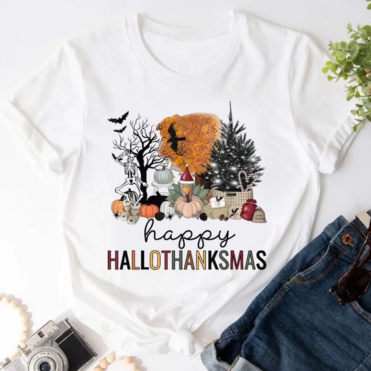 Discover Happy Hallothanksmas Coffee Halloween Thanksgiving Christmas,  Holiday Season Shirt