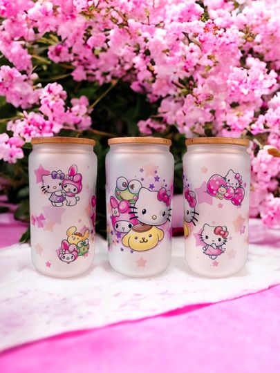 Discover Kawaii Kitty Friends Frosted Glass Can with Bamboo Lid and Straw, Cute