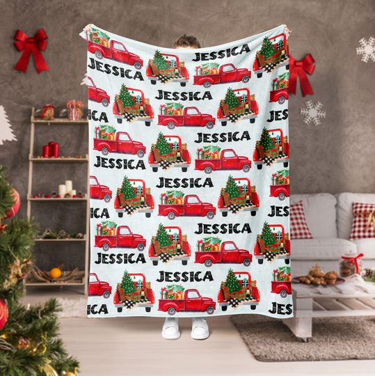 Discover Farmhouse Blanket, Red Truck Blanket, Custom Name Soft Cozy Sherpa Fleece Throw Blankets, Christmas Gift