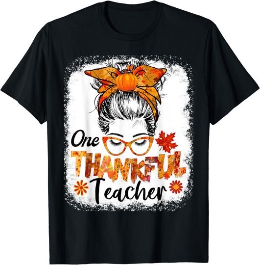 Discover thankful teacher for women fall thanksgiving messy bun T-Shirt