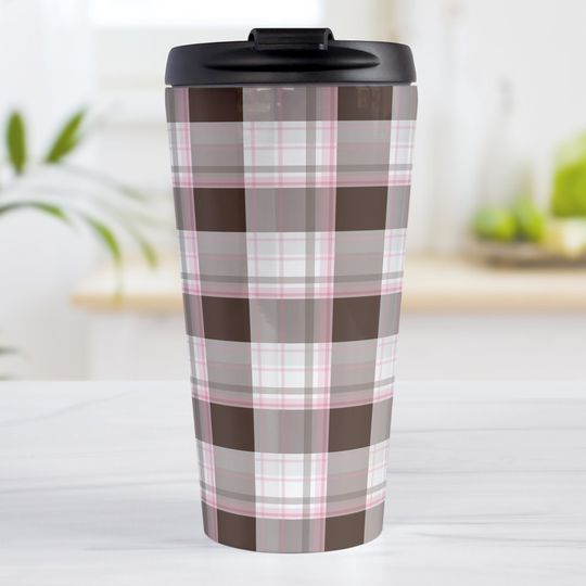 Discover Brown Pink Plaid Travel Coffee Mug