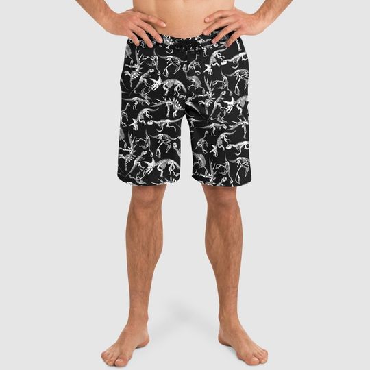 Discover Gothic Dinosaur Board Shorts Goth Men's Dino Skeleton Surf Swim Shorts
