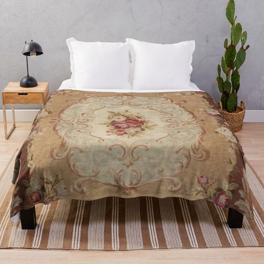 Discover Antique Rose Floral French Aubusson Rug Print Throw Blanket