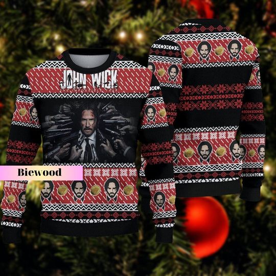 Discover Christmas Gift, John Wick Christmas Sweater, Keanu Reeves