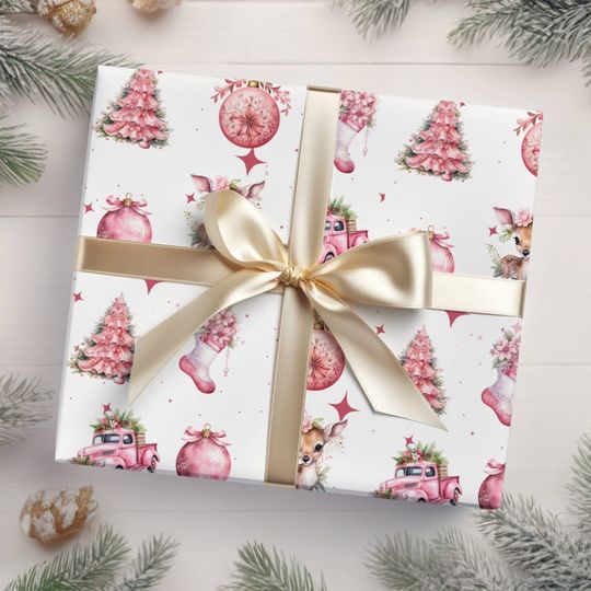Discover Pink Christmas Tree Wrapping Paper, Pink Truck Gift Wrap, Christmas Present Gift Wrap, Winter Wrapping Paper