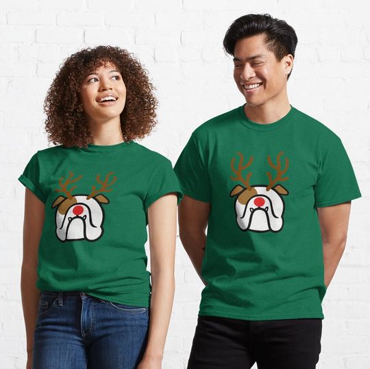 Discover English Bulldog Holiday dog with reindeer antlers  T-Shirt