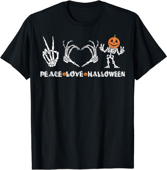 Discover Peace Love Halloween Happy Halloween Pumpkin skeleton Hands T-Shirt