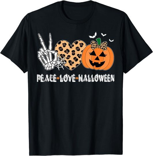 Discover Peace Love Halloween Scary Pumpkin Leopard skeleton T-Shirt