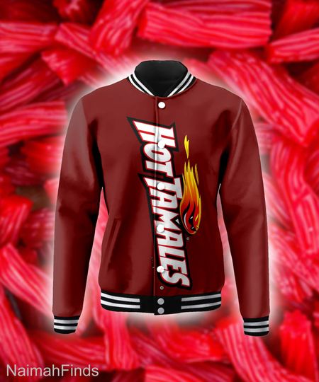 Discover Chewy Cinnamon Flavor Hot Tamales Group Halloween Baseball Jacket