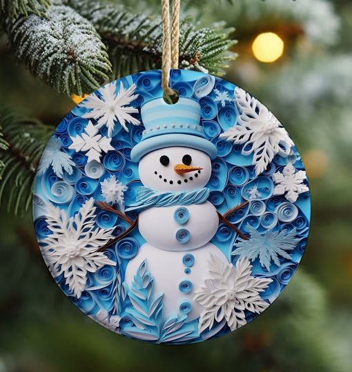 Discover Blue White Snowman Ornament Sublimation, 3D Snowman Ornament