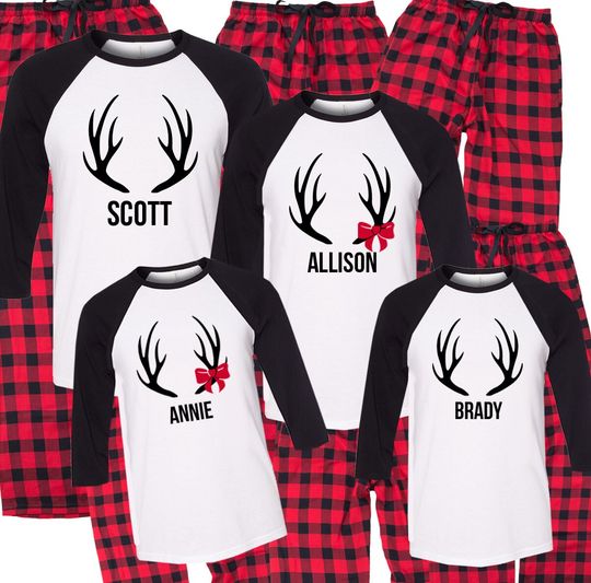 Discover Personalized Antler Matching Family Pajamas, Personalized Christmas Adult Pajamas Sets