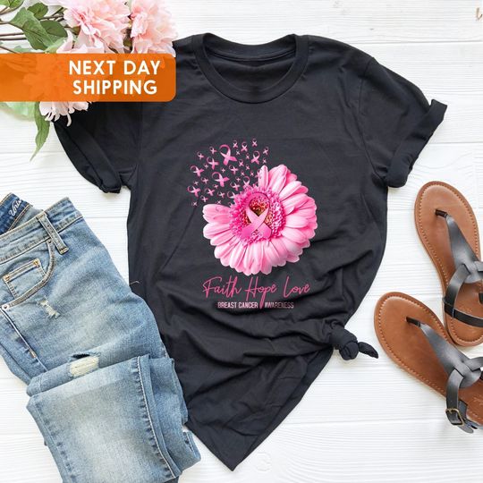 Discover Faith Hope Love Cancer Awareness Shirt, Breast Cancer Shirt, Pink Flower Tee