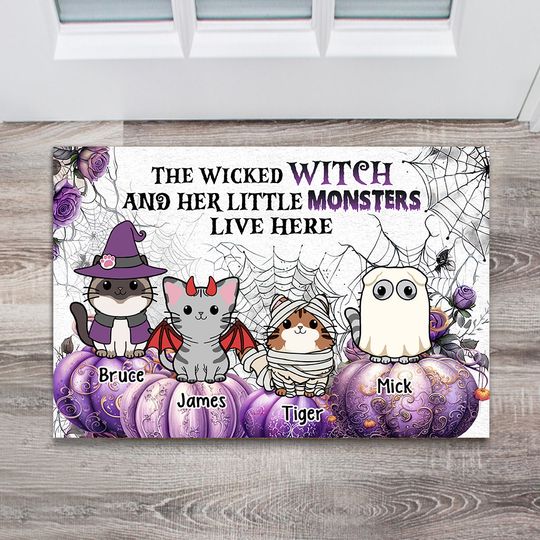 Discover A Wicked Witch And Little Monsters - Personalized Cat Doormat