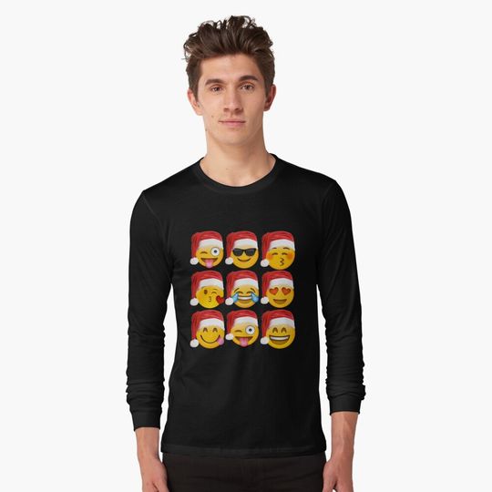 Discover Christmas Emoji Shirt 9 Emoji Faces Wearing Santa Hats T-Shirt