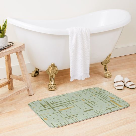 Discover Mid-Century Modern Kinetikos Pattern Celadon Olive Green Mustard Gold Bath Mat