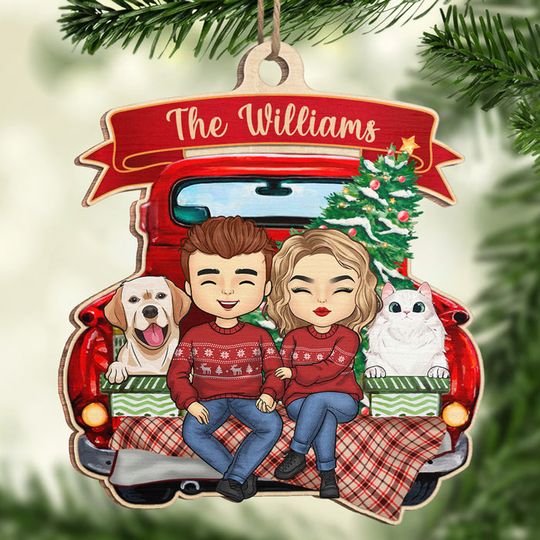 Discover A Happy Couple & Their Dogs Are Sitting On The Back Of A Red Truck - Couple Personalized Custom Ornament