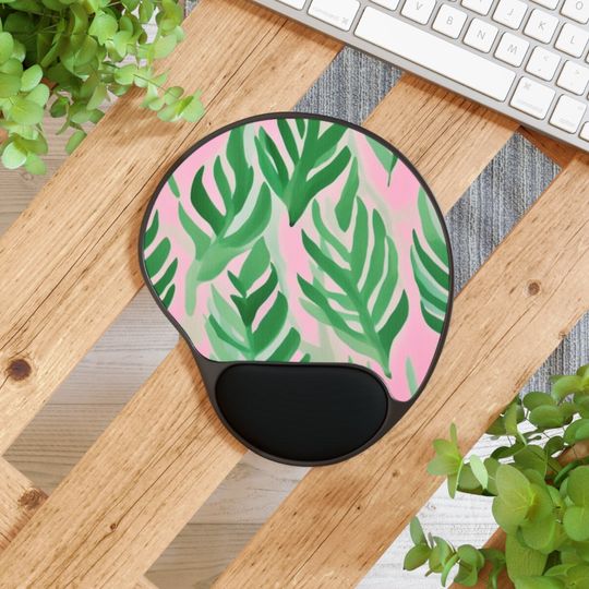 Discover Pink Palm Leaves Mouse Pad With Wrist Rest