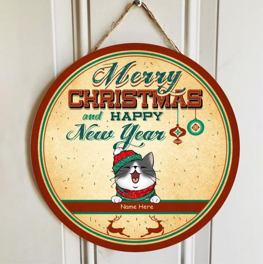 Discover Personalized Merry Christmas And Happy New Year Cat Lovers Door Sign
