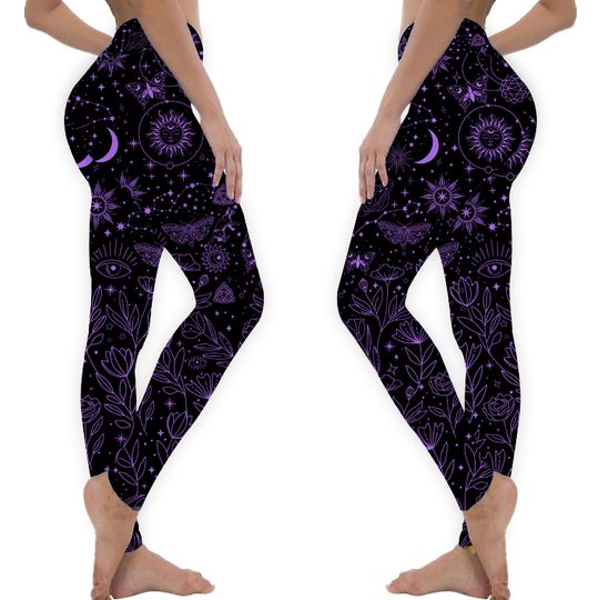 Discover Cosmic Star Sun Moon Leggings for Pagan, Wiccan, Gothic or Witch with Flowers Moths