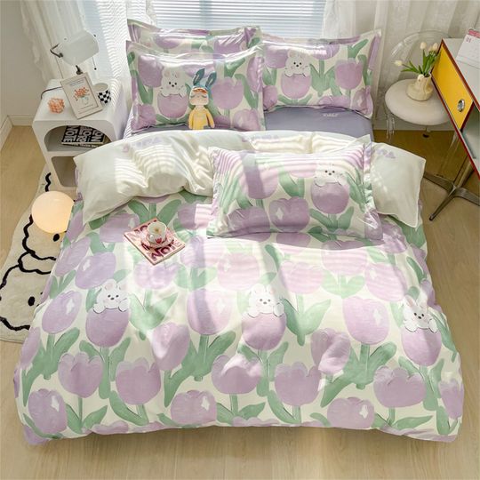 Discover Purple Tulip Handmade Bedding Set Spring Floral Garden Watercolor Bedding Set