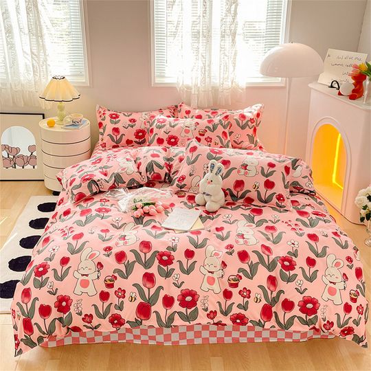 Discover Watercolor Flower Tulip Handmade Bedding Set, Cartoon Cute Rabbit Graffiti