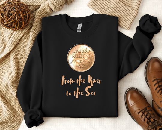 Discover 1939 Palestinian Coin Sweatshirt with From the River to the Sea as a Caption