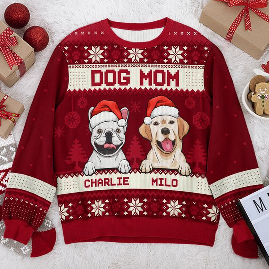 Discover Dog Mom Dog Dad Merry Christmas - Personalized Custom Unisex Ugly Christmas Sweatshirt