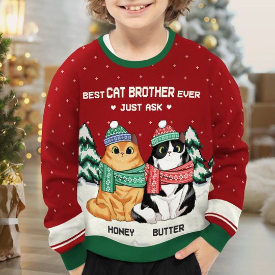 Discover Best Cat Brother & Cat Sister Ever - Personalized Custom Unisex Ugly Christmas Sweatshirt
