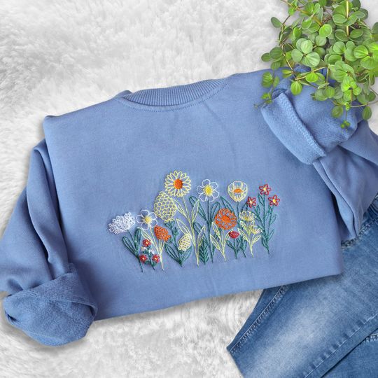 Discover Wildflowers Embroidered Sweatshirt Fine Line, Floral Embroidered Sweatshirt