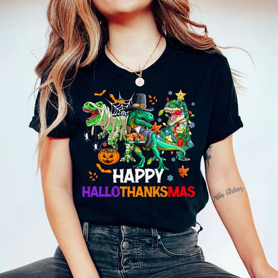 Discover Happy Hallothanksmas Dinosaur Shirt, Halloween Dinosaur Shirt,  Trex Chirstmas Shirt, Hallothanksmas Party Shirt