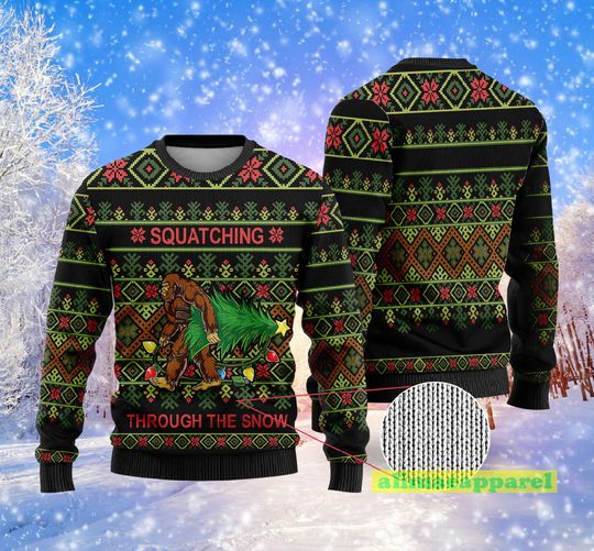 Discover Squatching Through Snow Ugly All Over 3D Print Sweater, Sasquatch Xmas Sweater