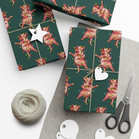 Discover Funny Christmas Farm Gift Wrap I Jolly Farm Pig with Christmas Lights Wrapping Paper I Festive Holiday Gift Wrap
