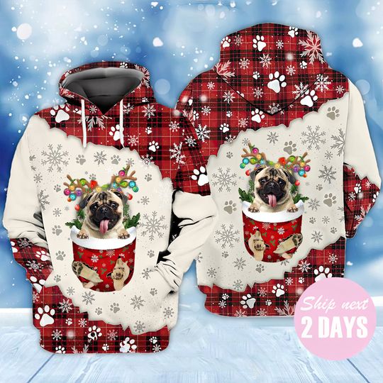 Discover Fawn Pug In Snow Pocket Merry Christmas 3D Hoodie, Winter Hoodie