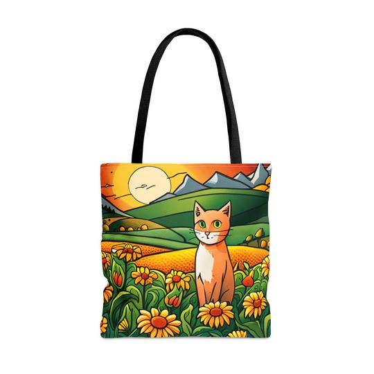 Discover Tote Bag (AOP) Orange Cat in Field of Sunflowers