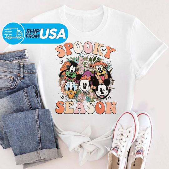 Discover Halloween Mouse And Friends Spooky Season Shirt, Funny Mouse Floral Shirt
