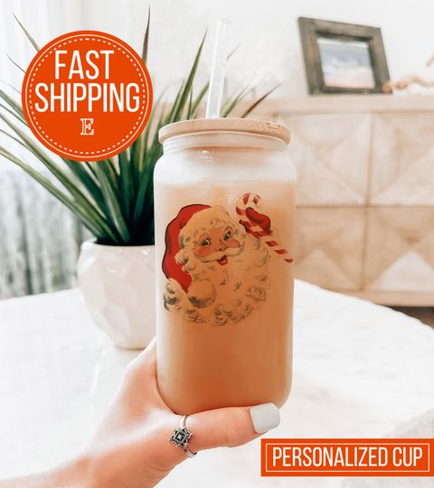 Discover Santa Claus Merry Christmas Y'all Iced Coffee Cup, Personalized 16oz Cup