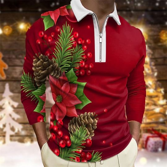 Discover Men's Christmas Polo Shirt - Elk Graphic Print Long Sleeve