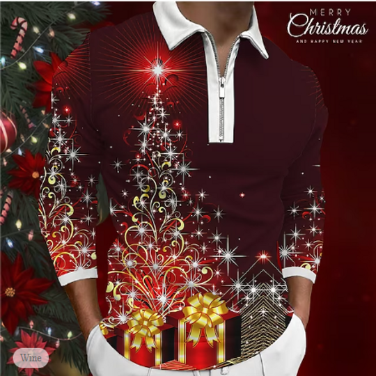 Discover Christmas Tree Casual Men's 3D Print Zip Polo Golf