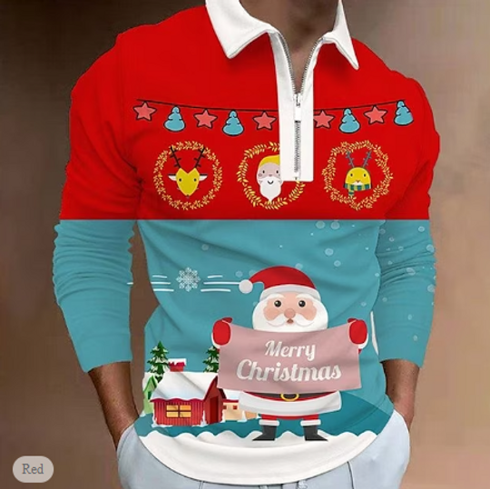 Discover Golf Shirt Letter Santa Claus Turndown Red 3D Print Christmas Street Long Sleeve Zipper
