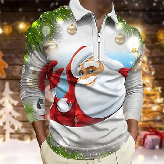 Discover Men's Polo Santa Christmas 3D Print Long Sleeve Zippers